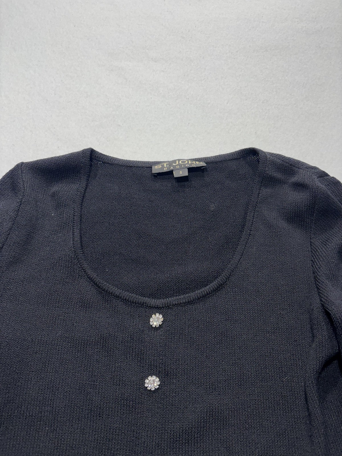 St. John Sweater Womens 4 Black Scoop Neck Rhinestone Button Long Sleeve Knit