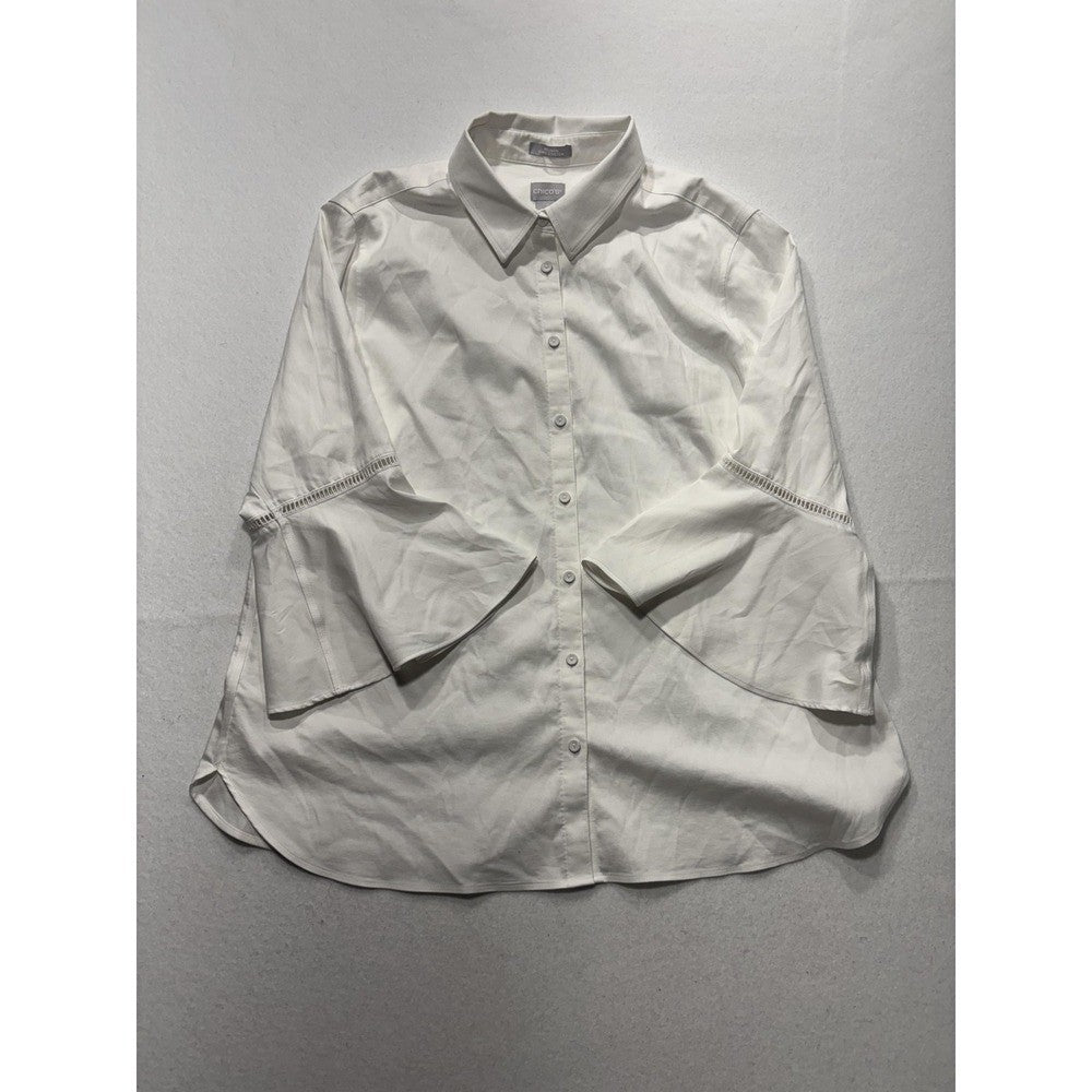 Chico's Blouse Womens 12 White Button Front Collared 3/4 Bell Sleeve Tunic Top