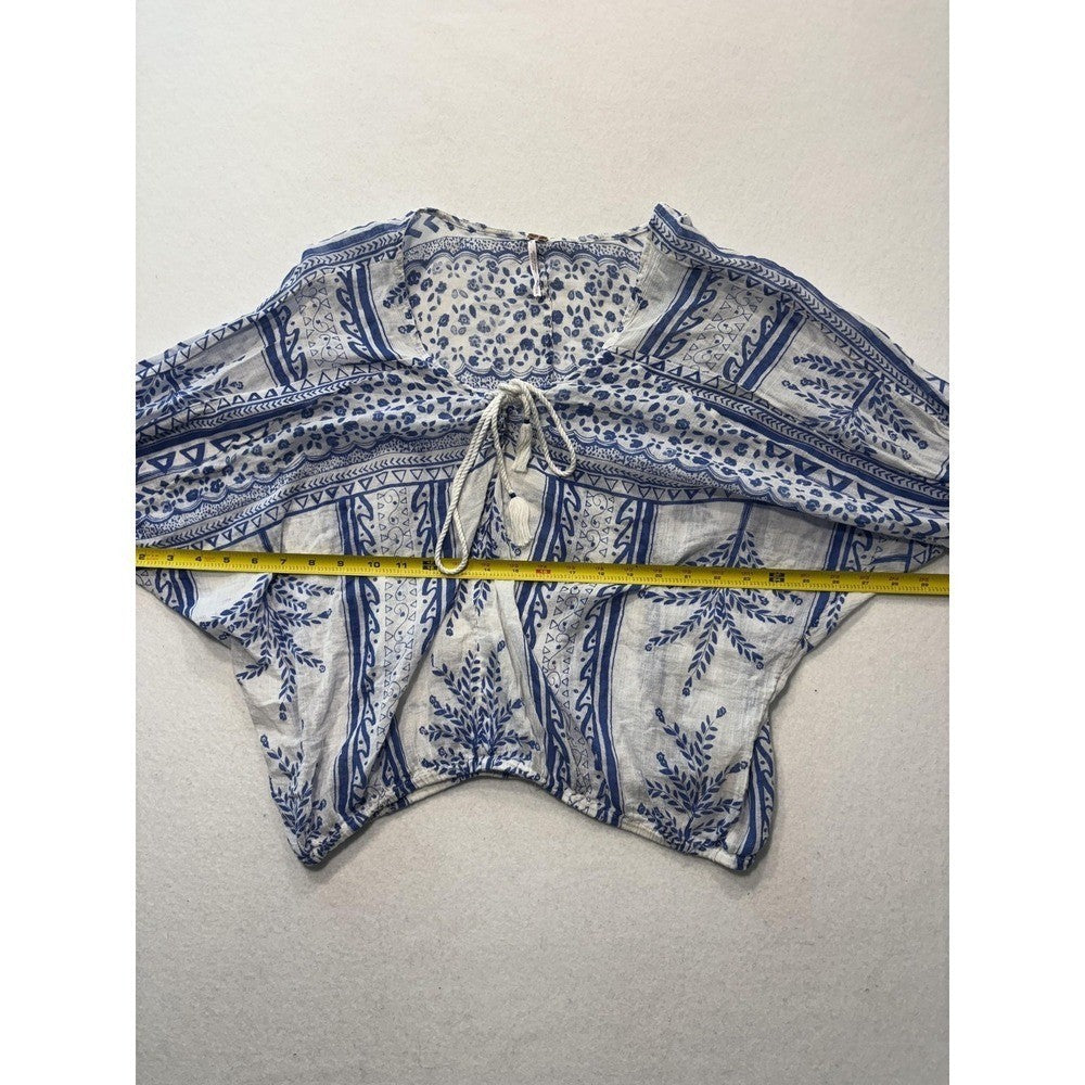 Free People Blouse Womens Medium Blue Long Sleeve Floral Tassel Crop Top Boho