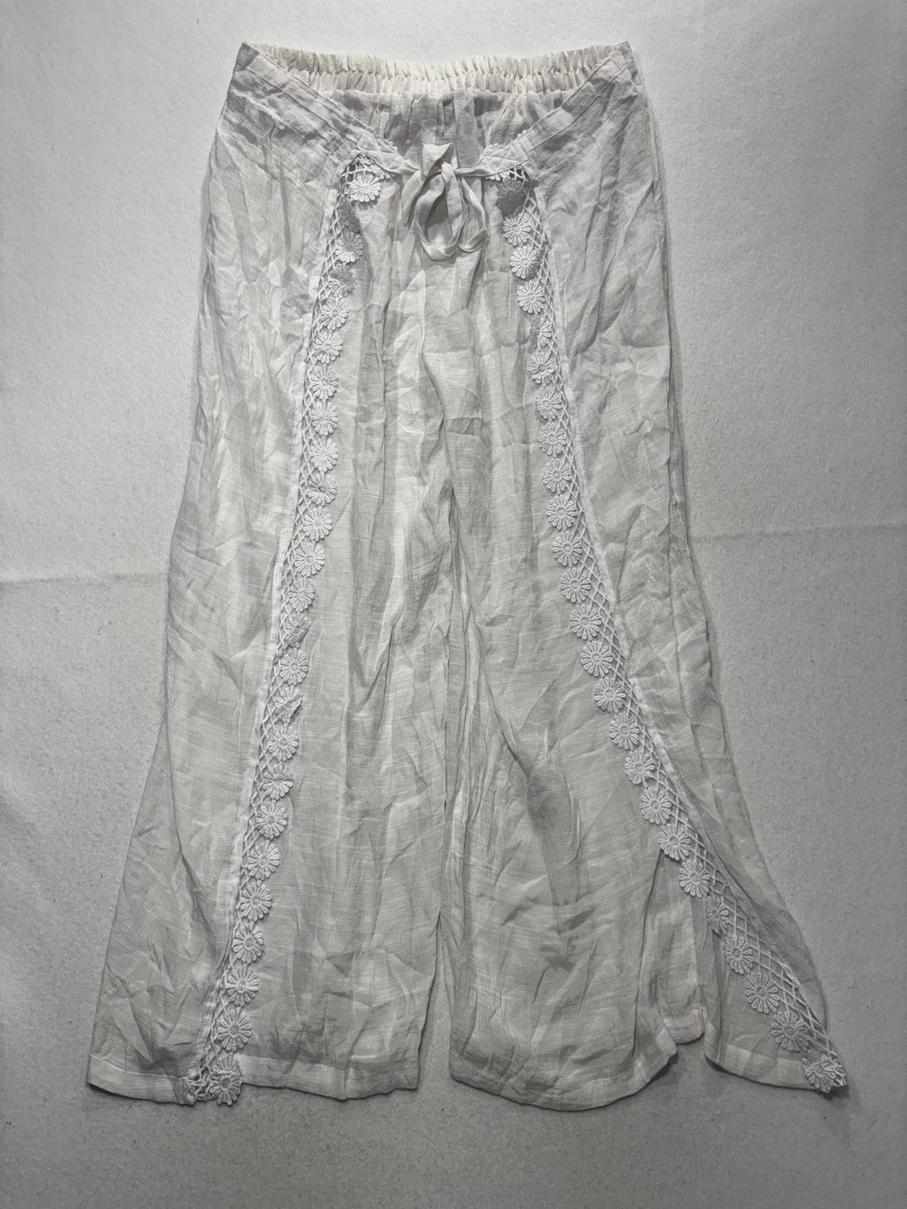 VANTARS! Pants Womens XL White Chiffon Wide Leg Lace Trim Slit Beach Cover Up