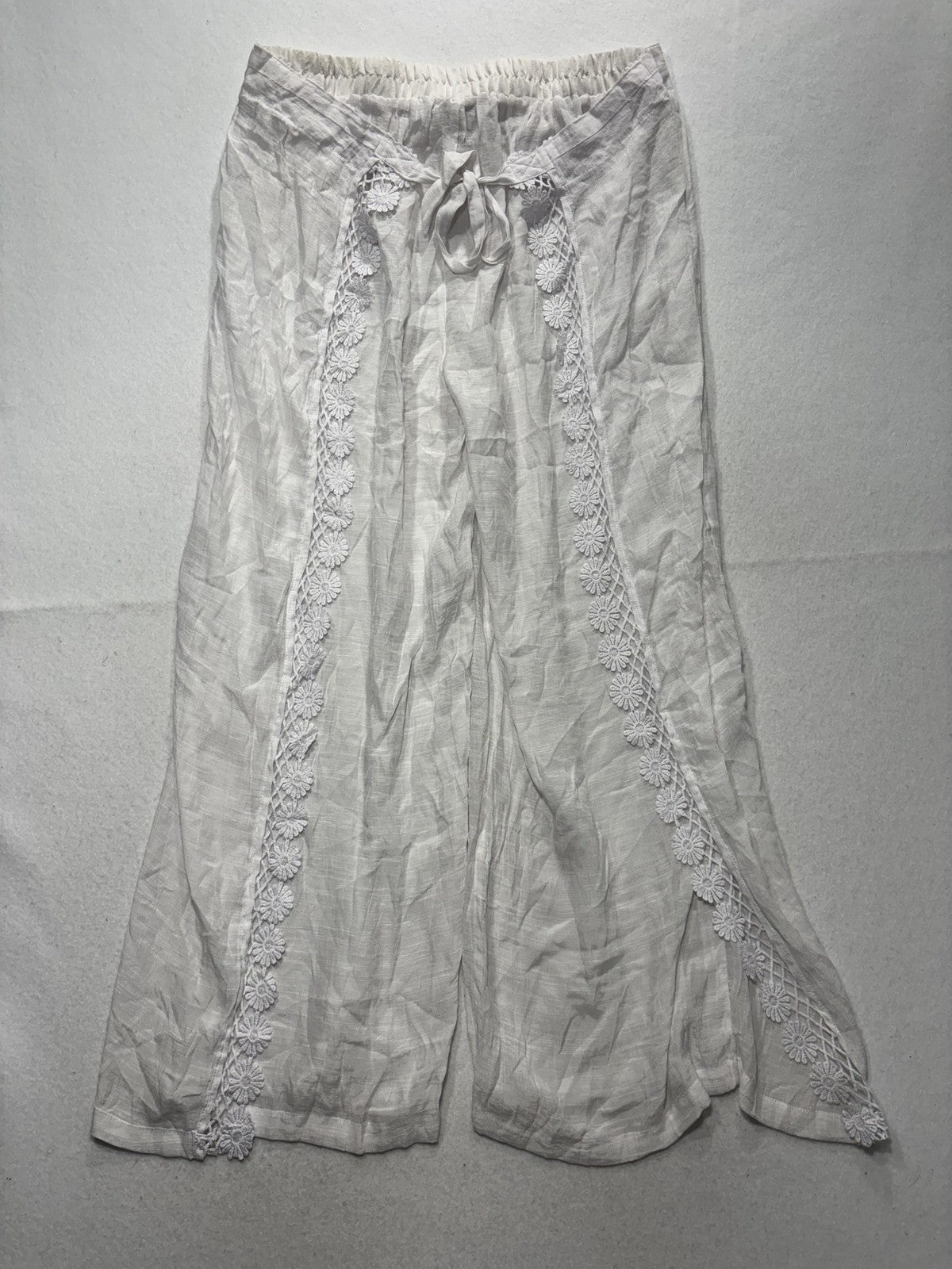 VANTARS! Pants Womens XL White Chiffon Wide Leg Lace Trim Slit Beach Cover Up