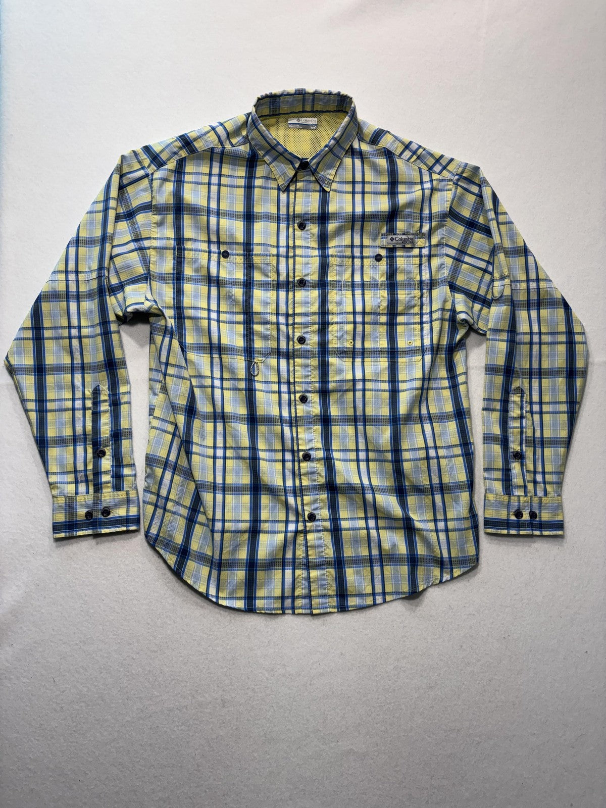Columbia PFG Shirt Mens Medium Yellow Blue Plaid Long Sleeve Fishing Button Up