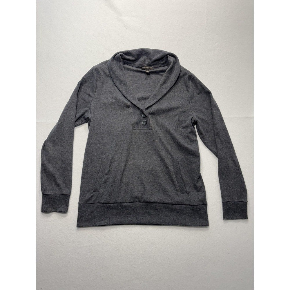 Banana Republic Mens Gray Shawl Collar Henley Sweatshirt Pockets Pullover L