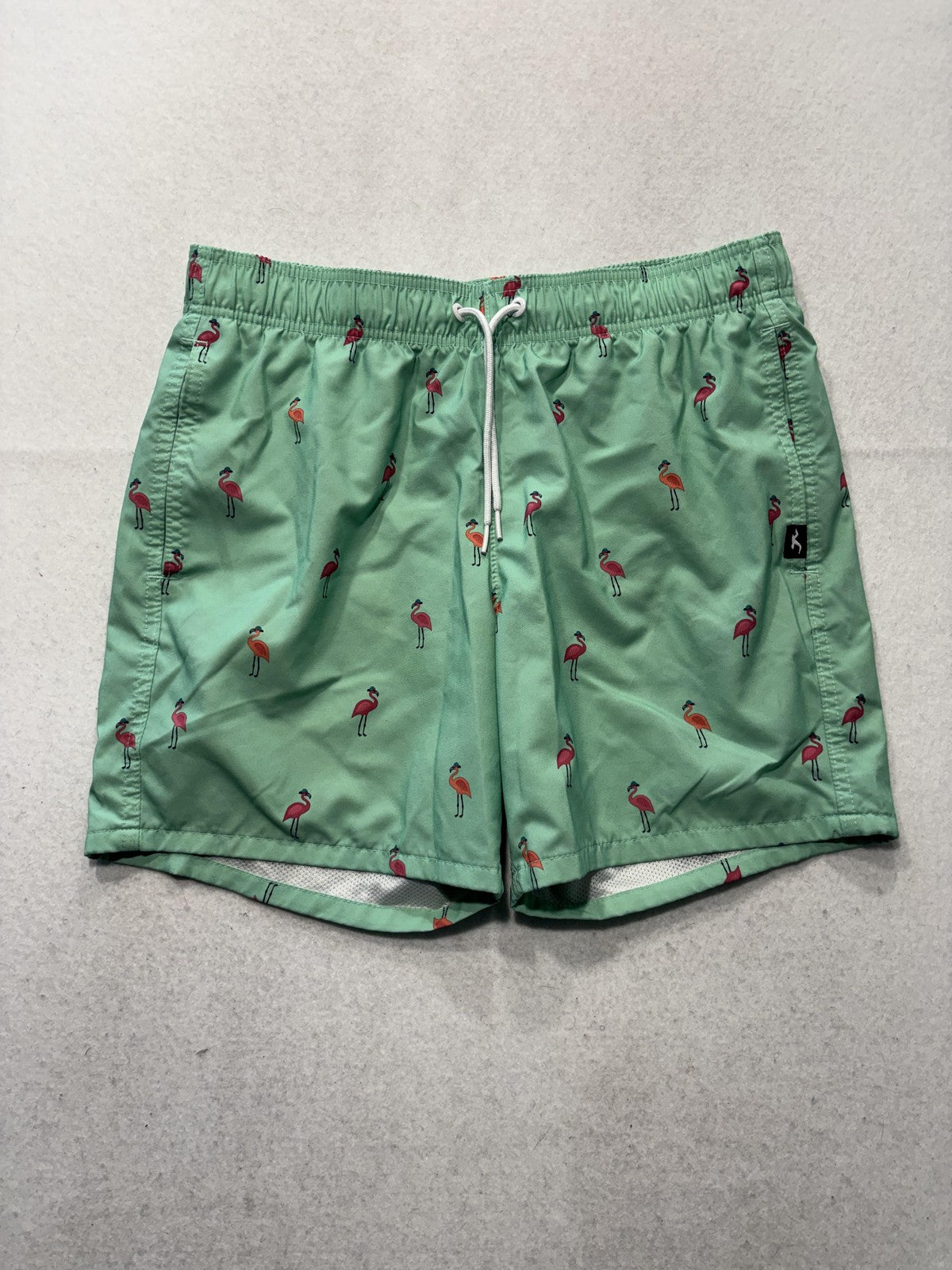 Hollister Swim Shorts Mens Medium Green Flamingo Print Stretch Lined 33352123