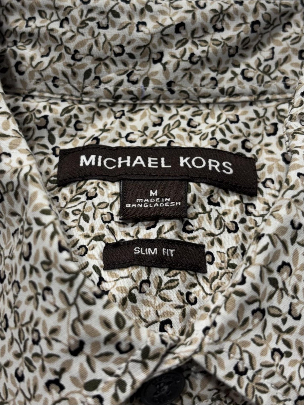 Michael Kors Shirt Mens Medium Beige Floral Short Sleeve Button Up Slim Fit
