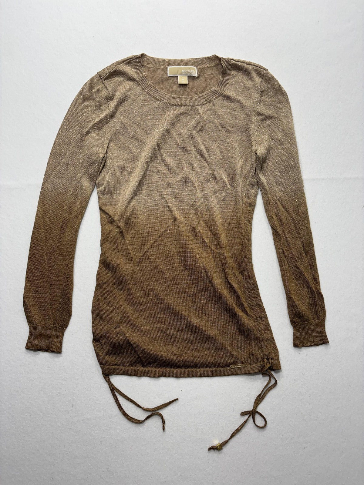 MICHAEL Michael Kors Sweater Womens Medium Gold Metallic Tunic Drawstring Logo