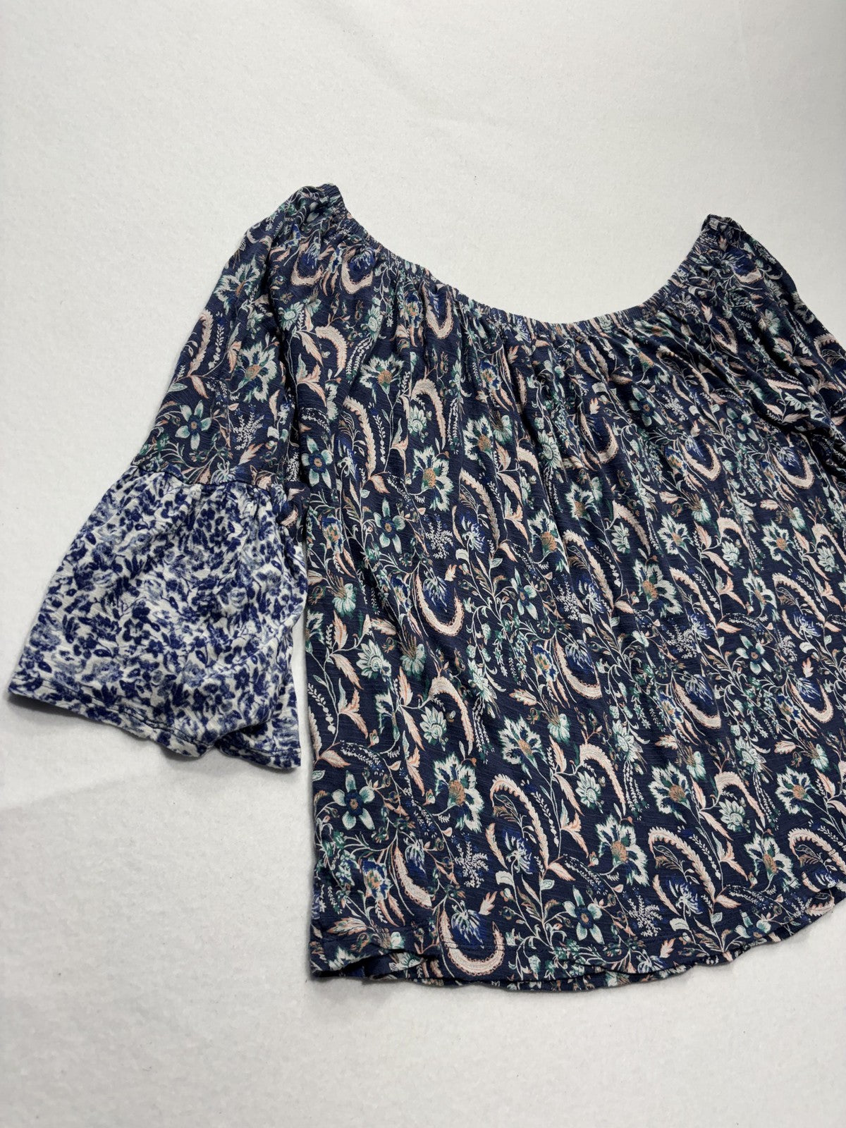 Lucky Brand Blouse Womens Medium Blue Paisley Off Shoulder 3/4 Bell Sleeve Boho