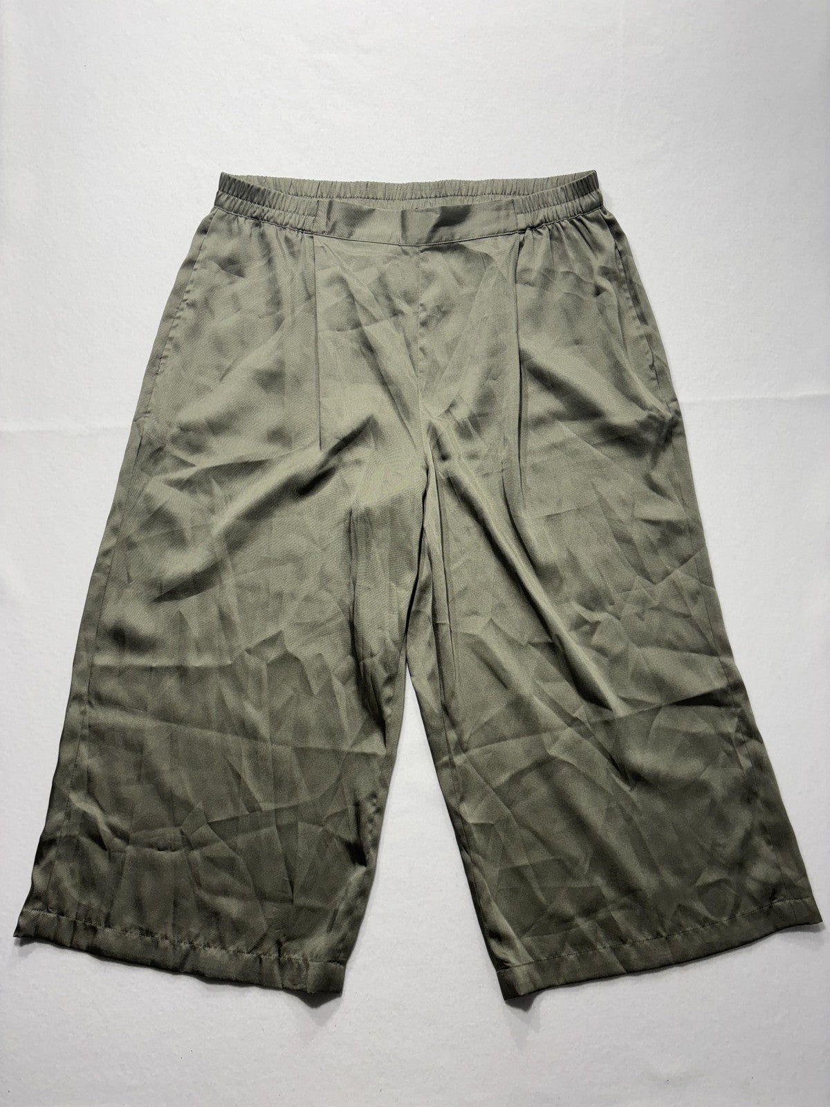 DKNY Pants Womens XL Green Satin Cropped Wide Leg Elastic Waist Pull On Culotte