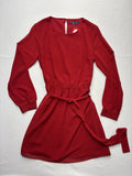 KLD Dress Womens Medium Red Chiffon Belted Fit Flare Long Sleeve Round Neck Mini
