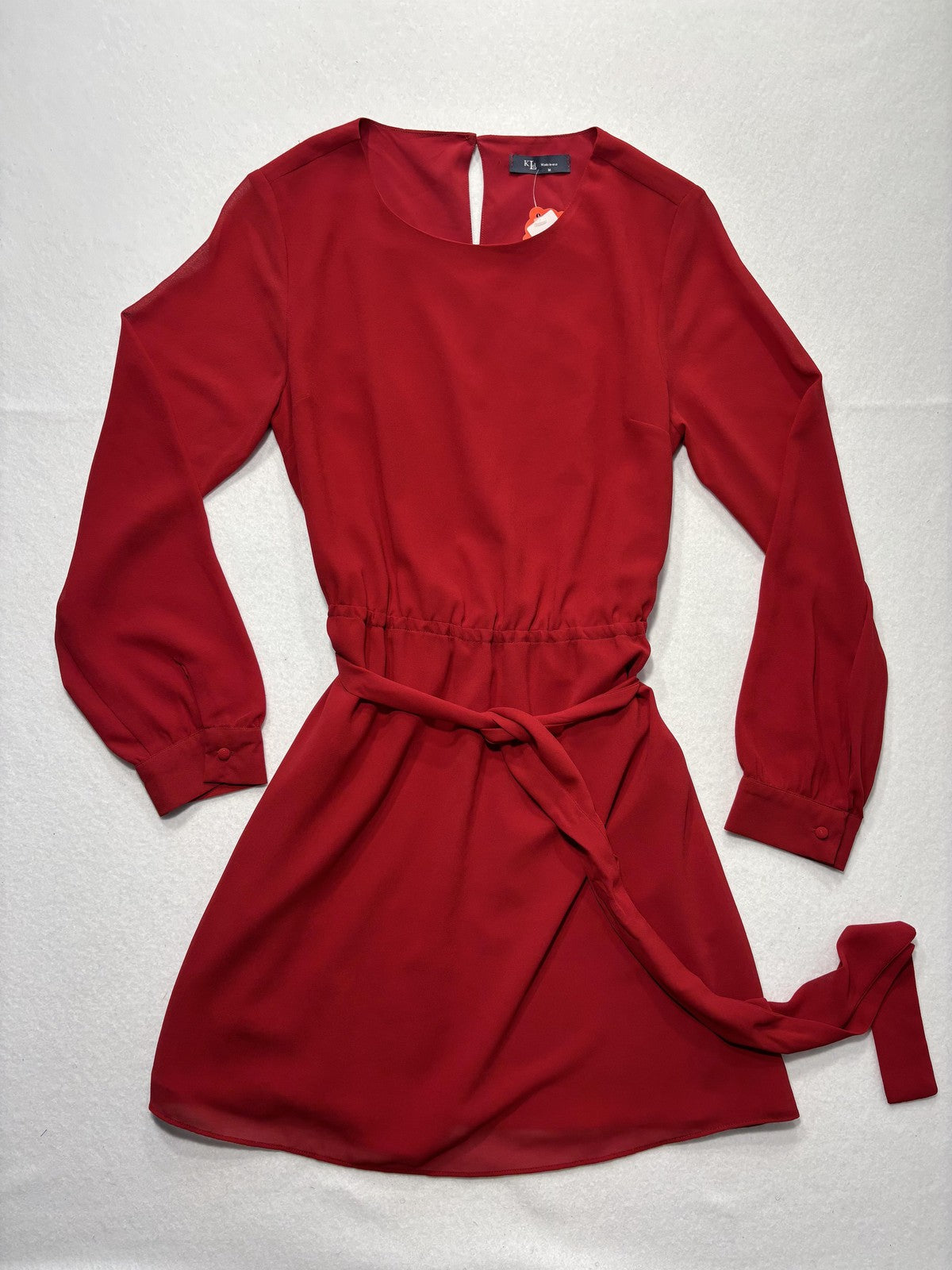 KLD Dress Womens Medium Red Chiffon Belted Fit Flare Long Sleeve Round Neck Mini