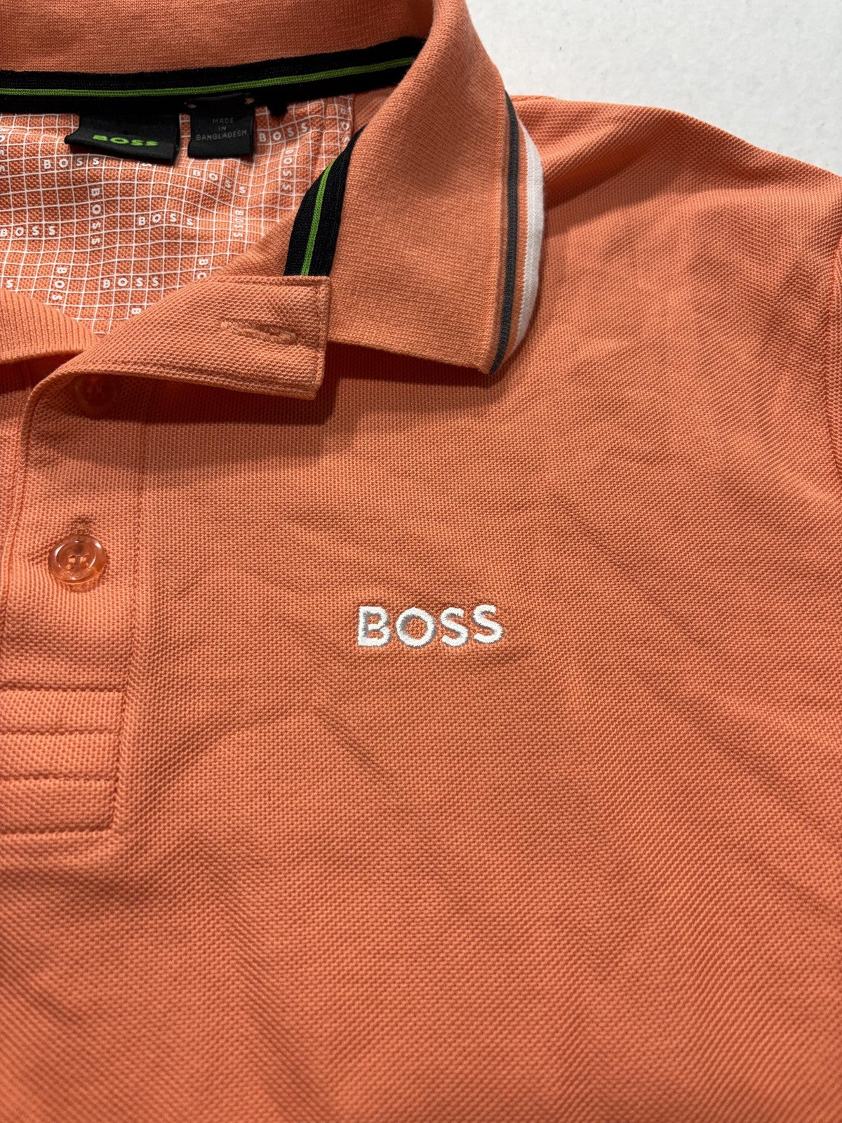 Boss Polo Shirt Mens Medium Orange Tipped Collar Logo Short Sleeve Knit Casual