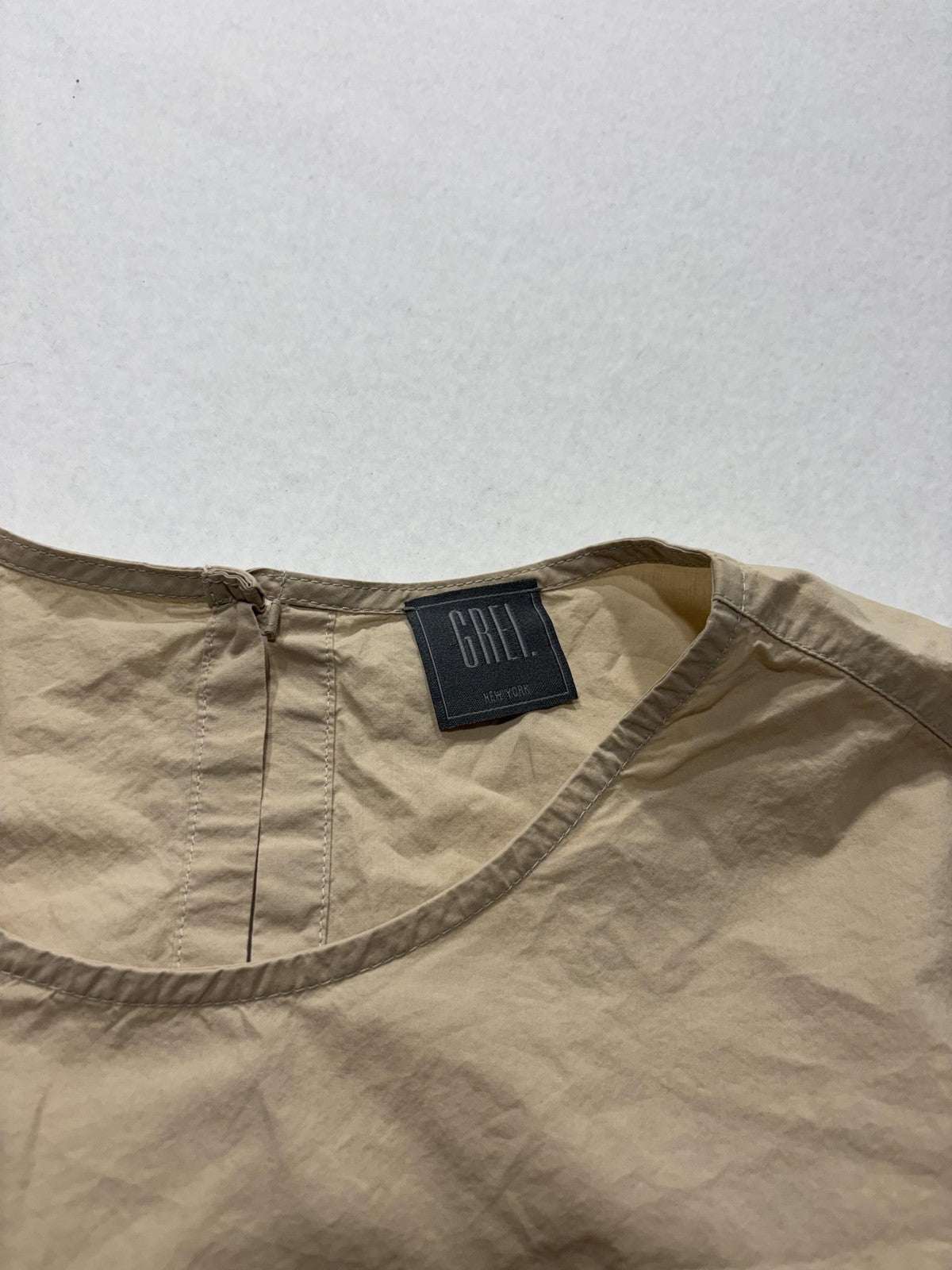 GREI. Blouse Womens 2 Beige Round Neck Short Balloon Sleeve Cotton Relaxed Top