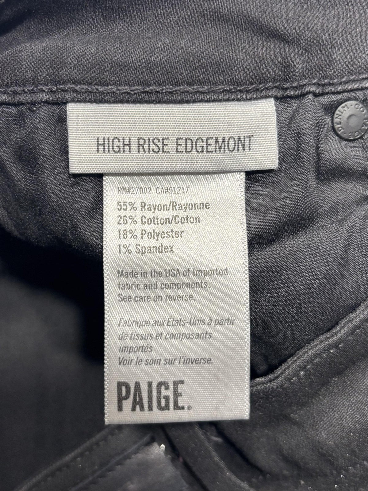 Paige High Rise Edgemont Jeans Womens 26 Black Wash Skinny 26x28 Zip Pockets
