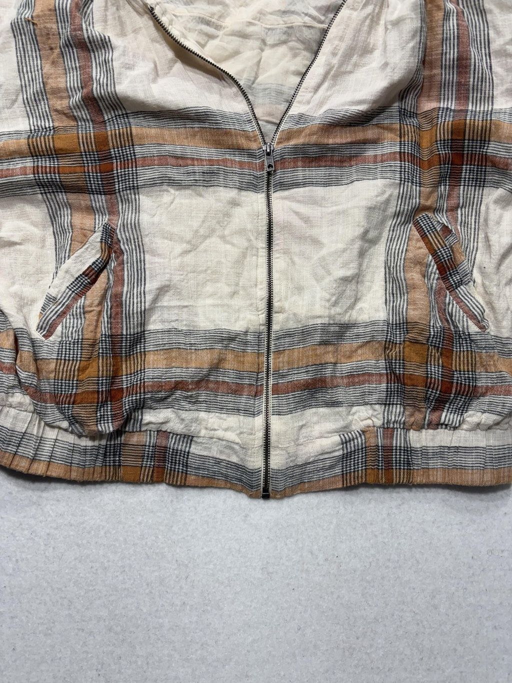 Free People Jacket Womens XL White Plaid Bomber Full Zip Elastic Hem Lightweight