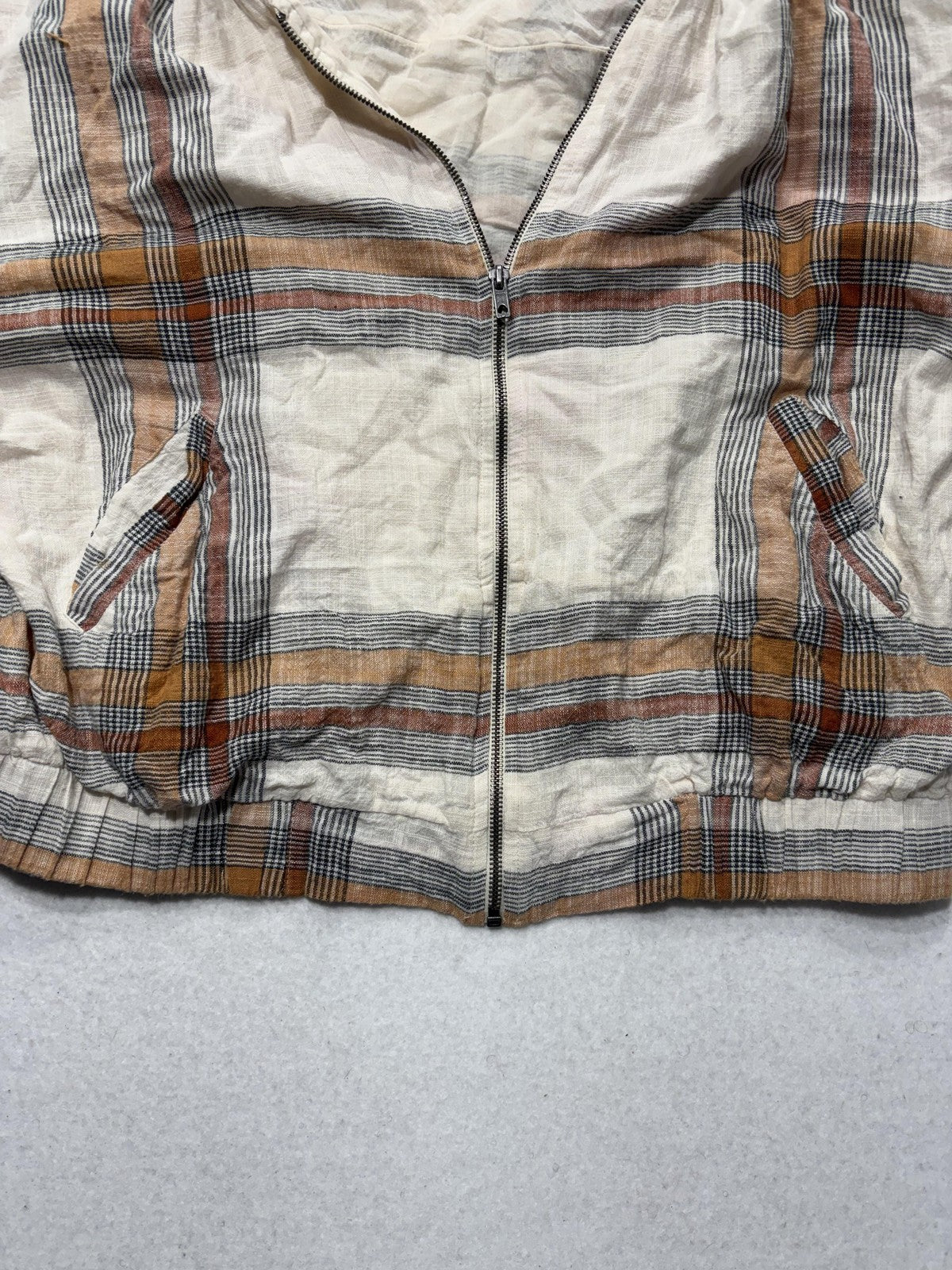 Free People Jacket Womens XL White Plaid Bomber Full Zip Elastic Hem Lightweight