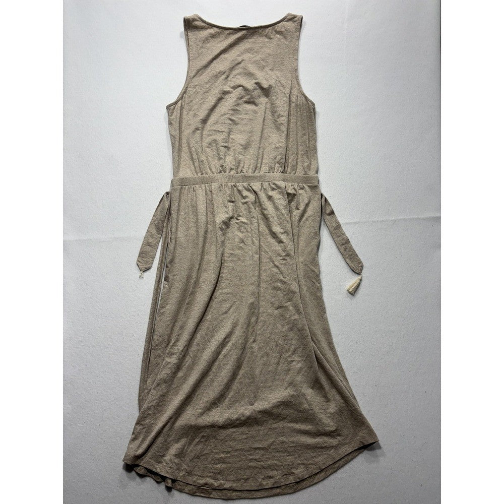 Tommy Bahama Dress Womens Medium Beige Beaded Scoop Neck Belted Hi Low Sundress