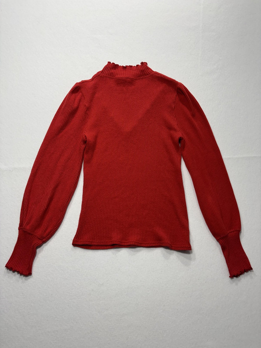 Free People Sweater Womens SP Red Mock Neck Balloon Sleeve Ruffle Knit Slim