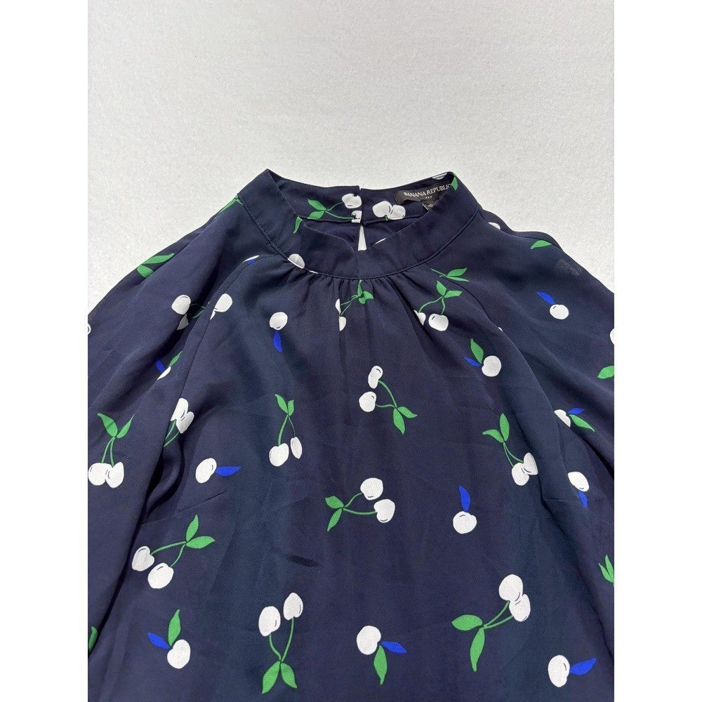 Banana Republic Dress Womens 6 Blue Cherry Print Mock Neck Long Sleeve Fit Flare