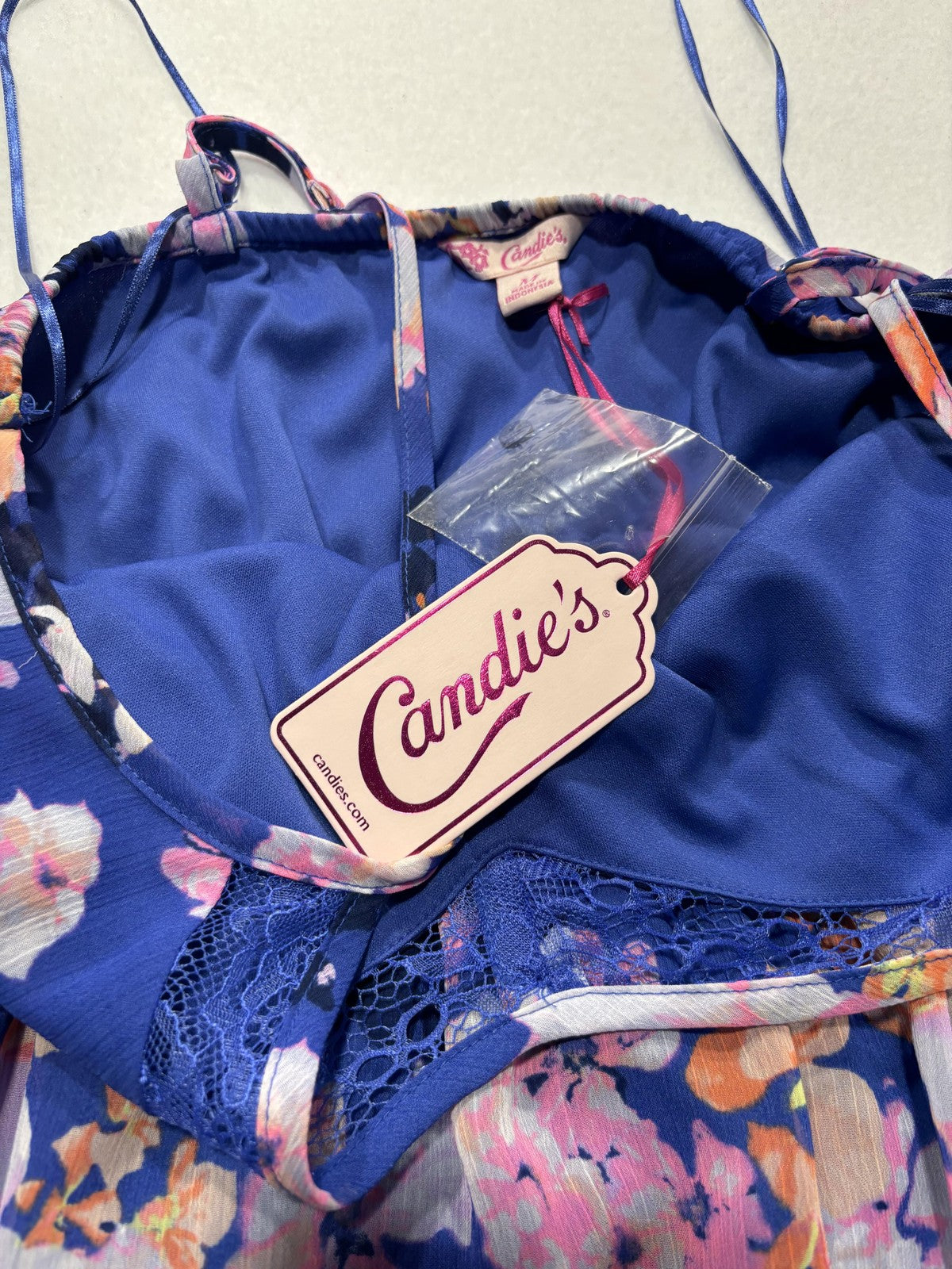 Candies Dress Juniors Medium Blue Floral Lace Maxi Scoop Neck Lined Sundress