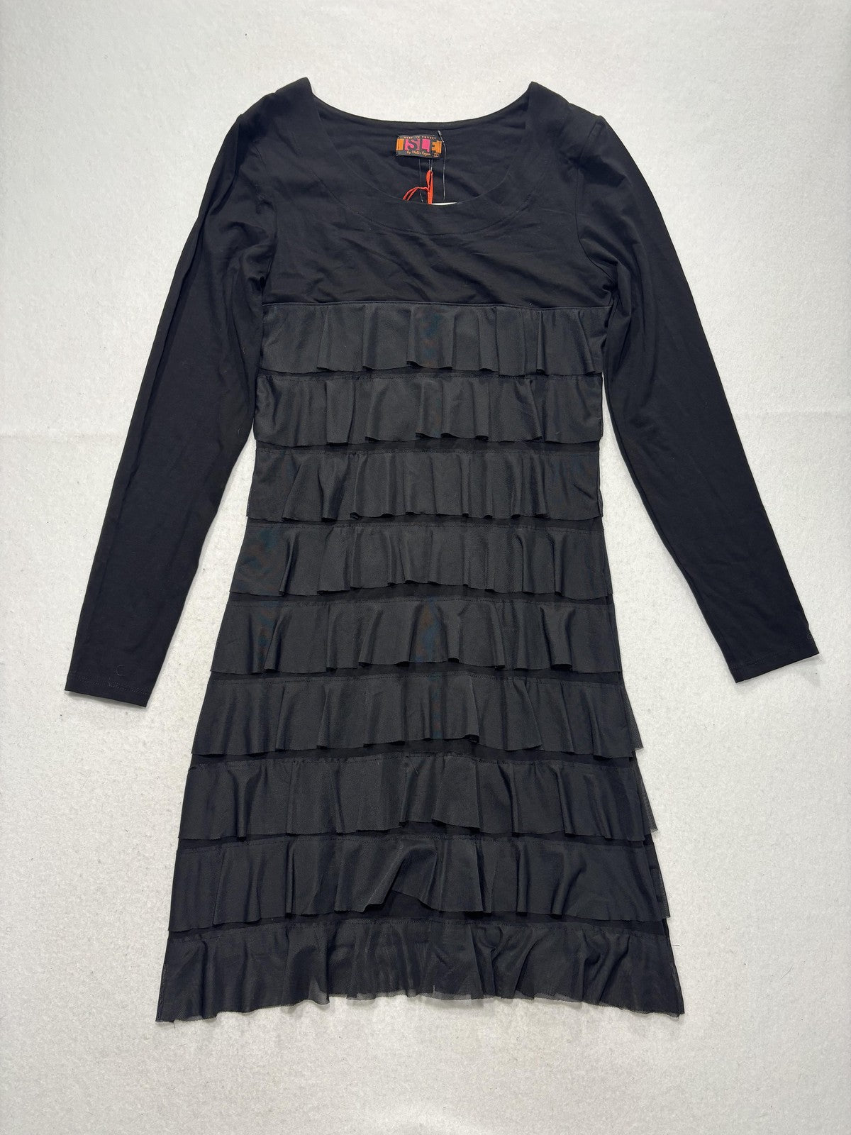 Isle By Melis Kozan Dress Womens Small Black Mesh Ruffle Long Sleeve Shift