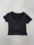 Black V Neck Short Sleeve Cropped Stretch Tee Shirt Womens Medium C187VOV657