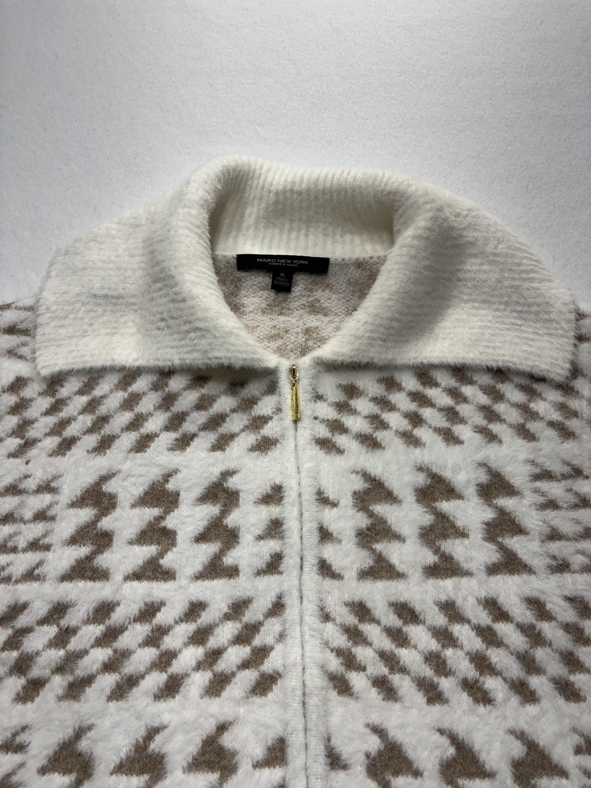 Marc New York Sweater Womens XL White Full Zip Mock Neck Geometric Pattern Knit