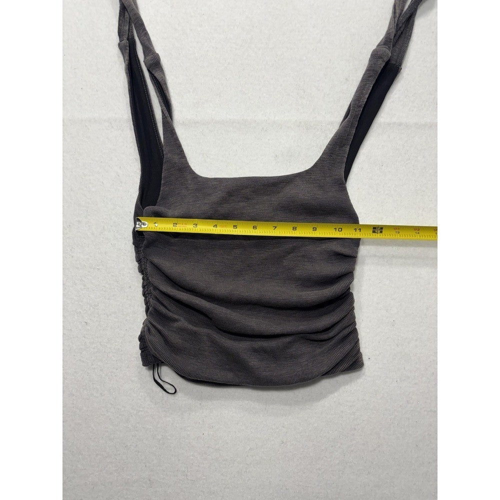 Free People Tank Top Womens XS Gray Ruched Tie Strap Cropped Knit Summer Casual