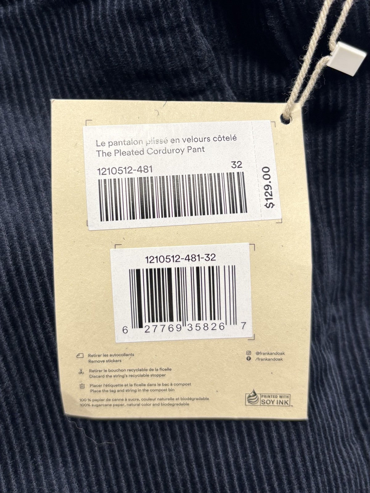 Frank And Oak Corduroy Pants Mens 32x26 Blue Pleated Relaxed Cropped Tapered