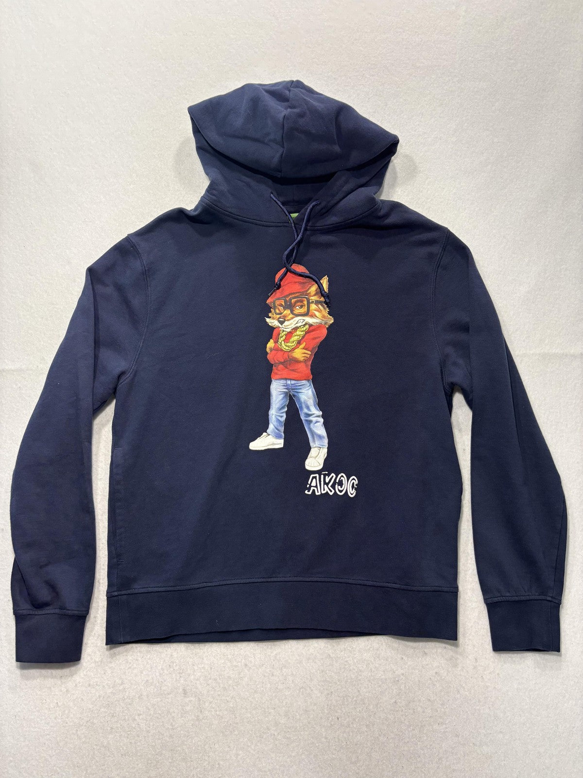 AKOO Hoodie Mens Large Blue Fleece Pullover Fox Graphic Hip Hop Slogan Back