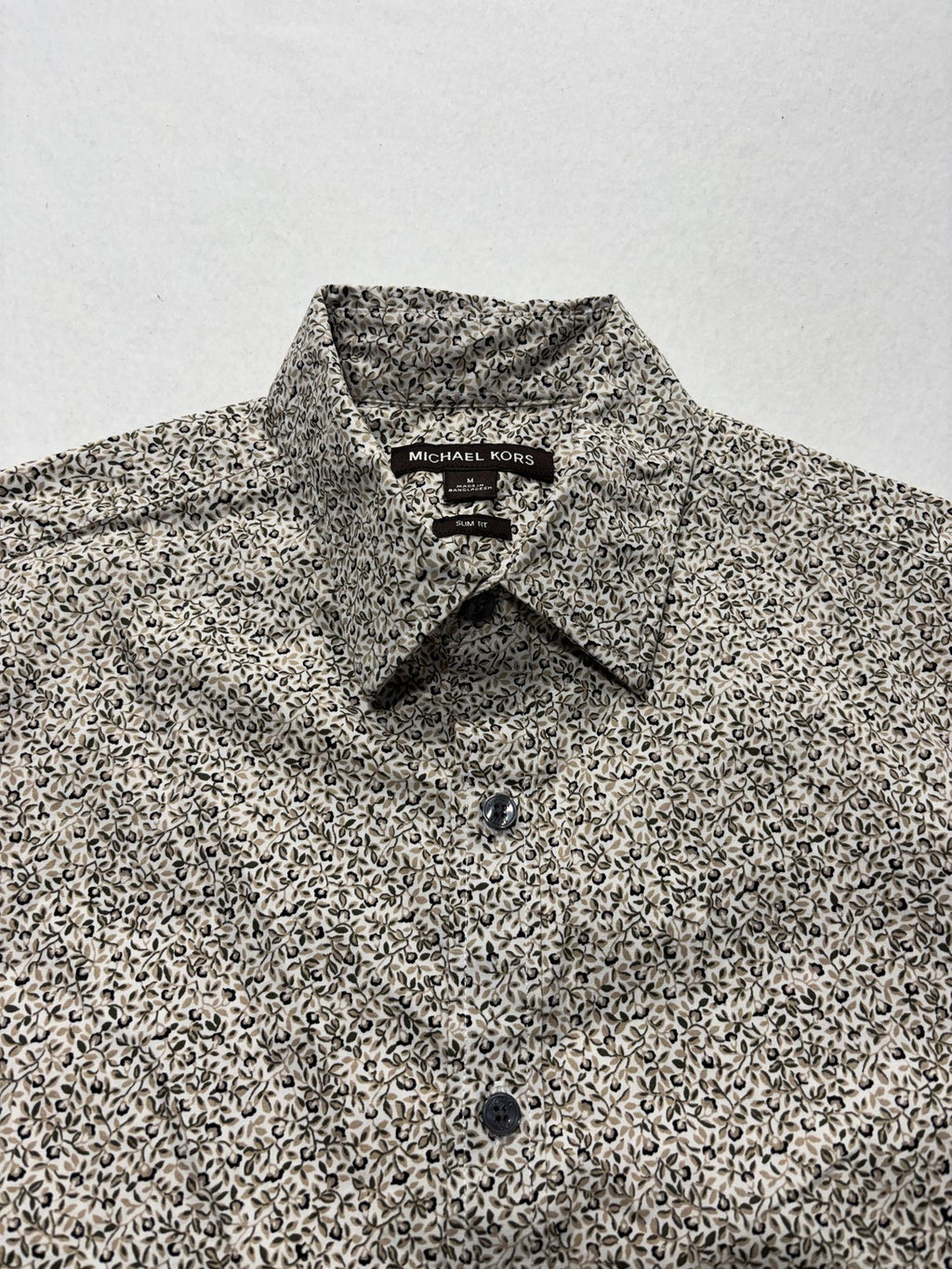 Michael Kors Shirt Mens Medium Beige Floral Short Sleeve Button Up Slim Fit