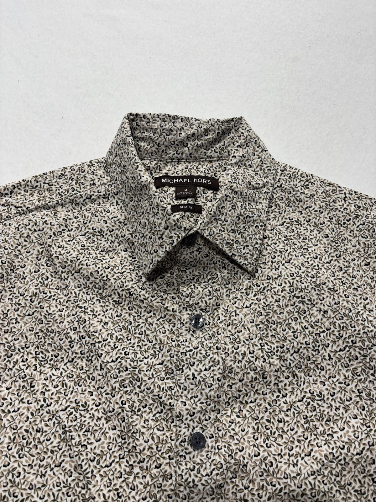 Michael Kors Shirt Mens Medium Beige Floral Short Sleeve Button Up Slim Fit