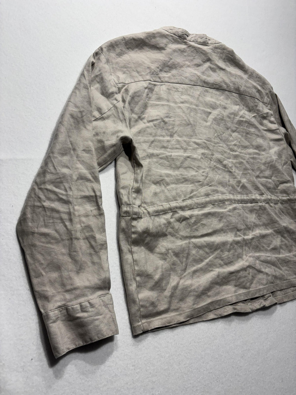 Maeve Jacket Womens L Beige Linen Blend Collarless Full Zip Waist Drawstring