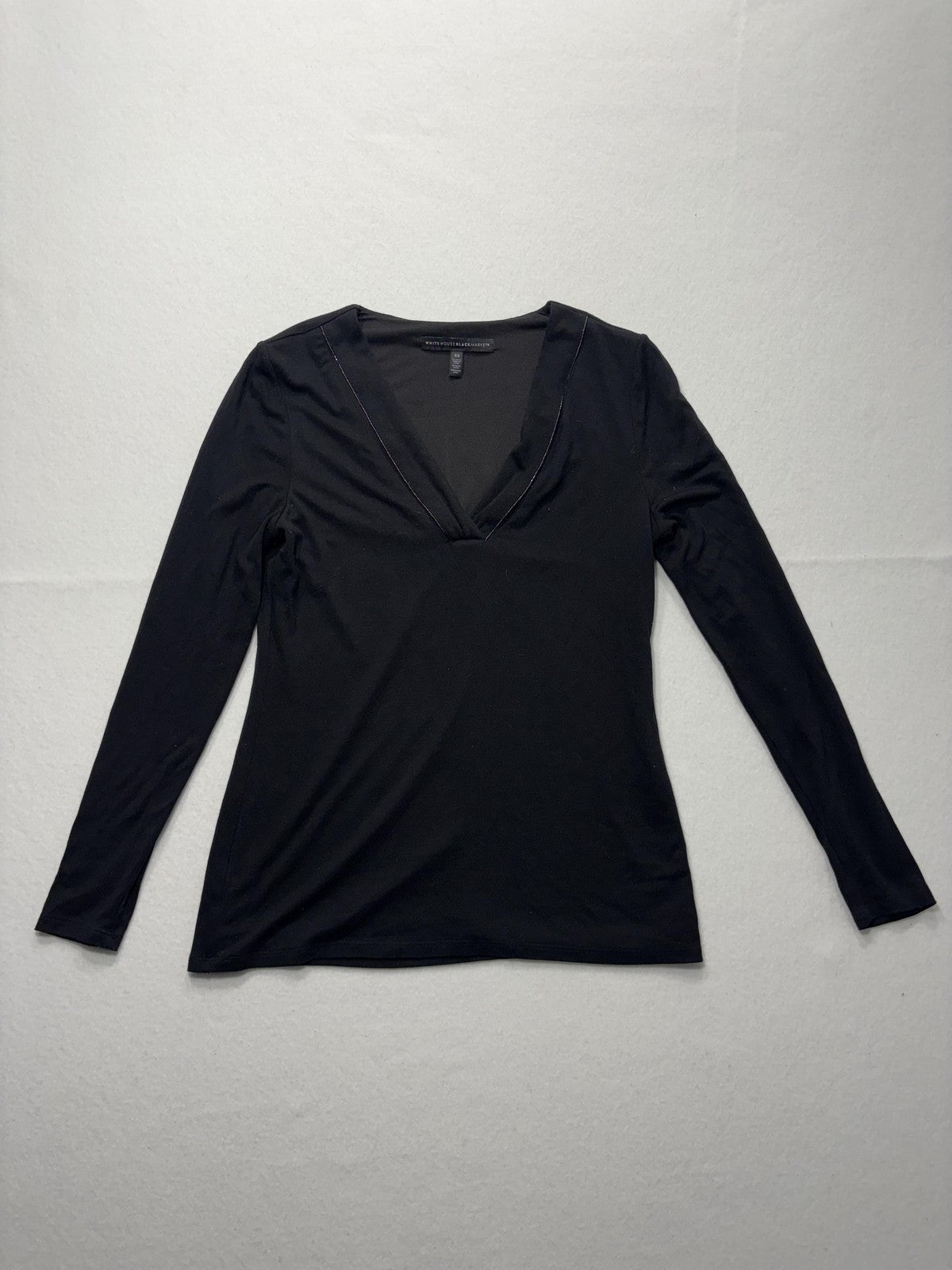 White House Black Market Shirt Womens XS Black Deep V Neck Long Sleeve Jersey