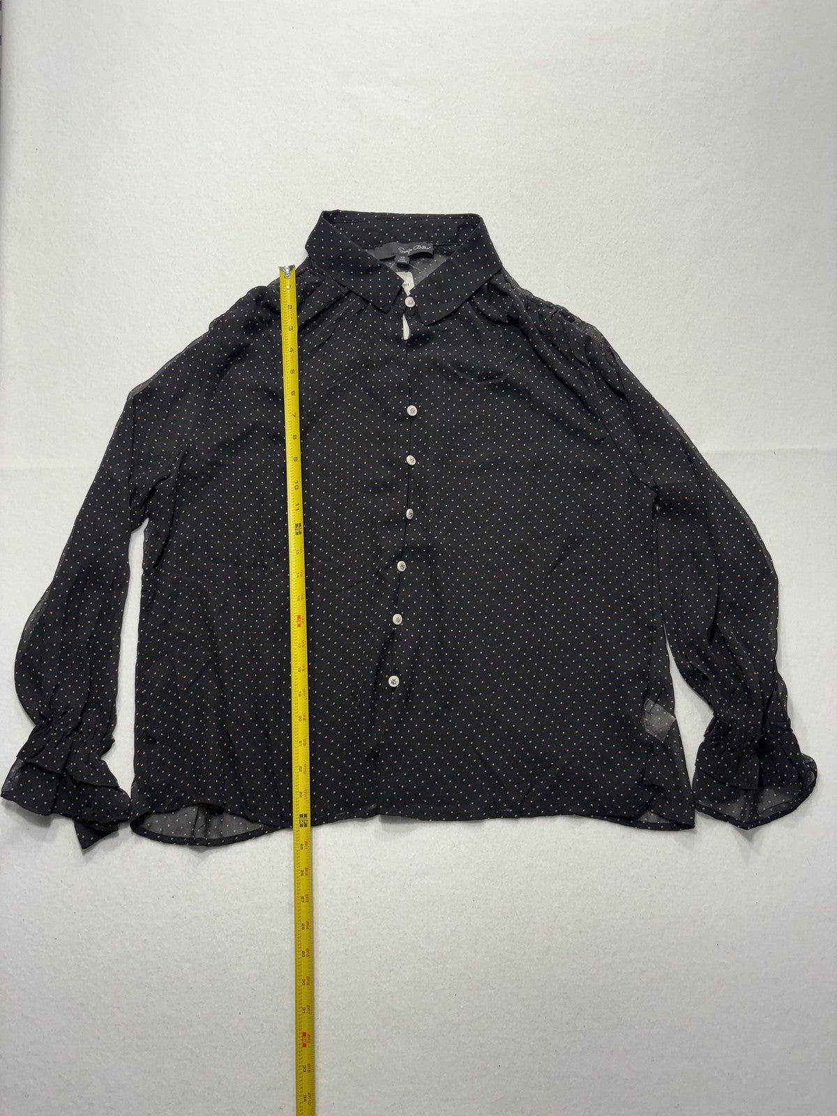 Sonja Betro Blouse Womens 2X Plus Black Polka Dot Ruffle Sleeve Sheer Chiffon