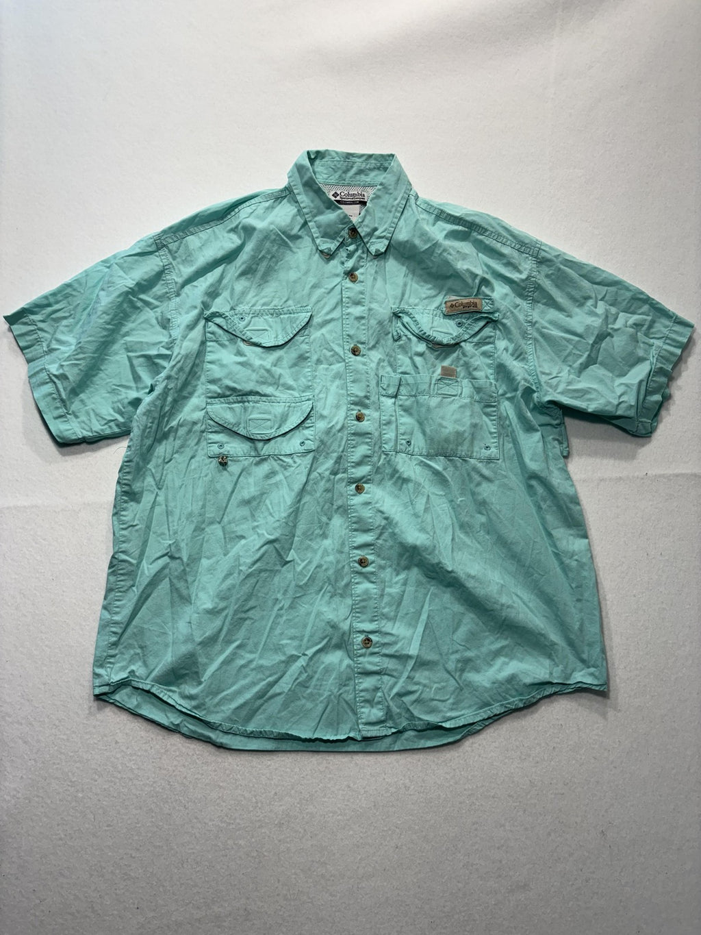 Columbia PFG Shirt Mens Medium Green Short Sleeve Fishing Button Up Vented