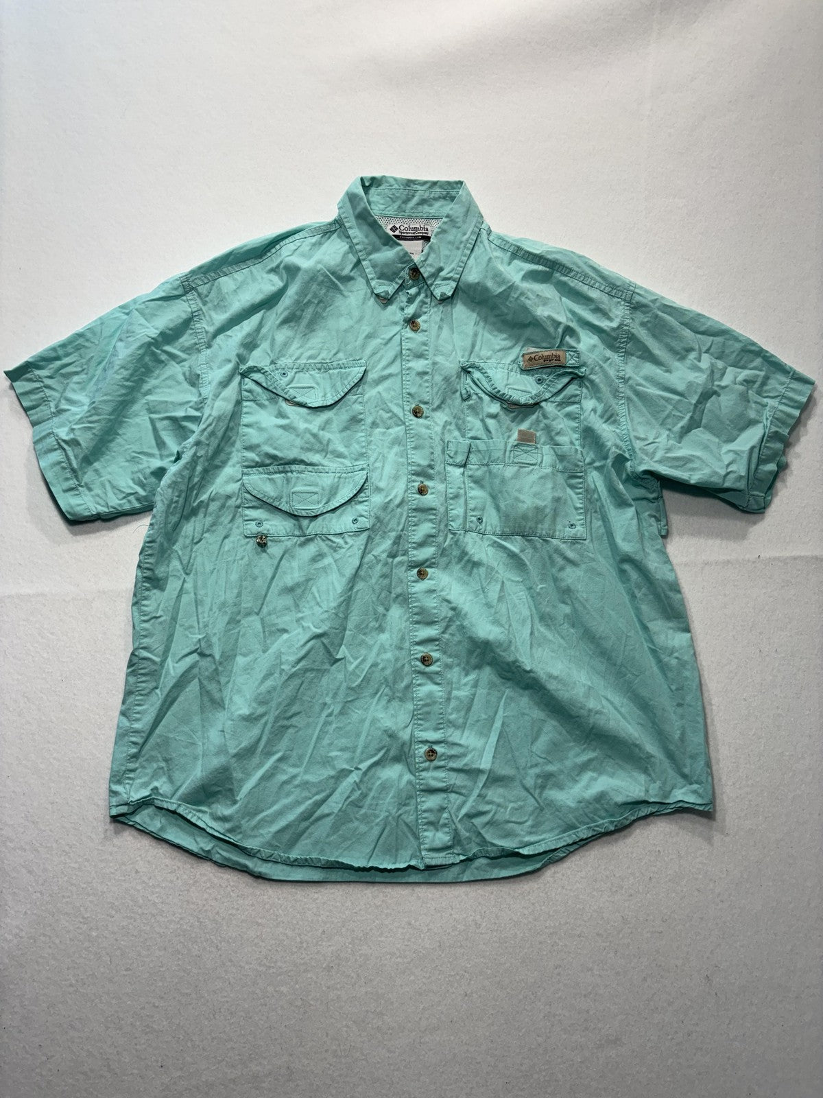 Columbia PFG Shirt Mens Medium Green Short Sleeve Fishing Button Up Vented