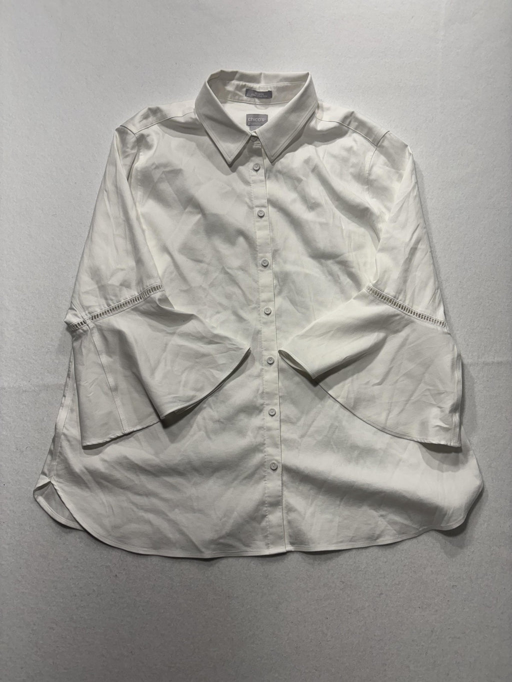 Chico's Blouse Womens 12 White Button Front Collared 3/4 Bell Sleeve Tunic Top