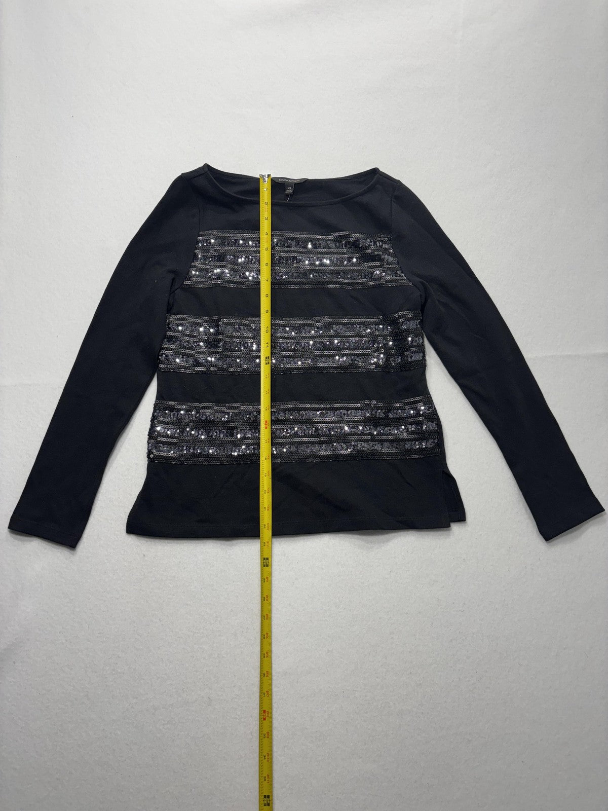 Banana Republic Top Womens XS Black Sequin Stripe Boat Neck Long Sleeve Party