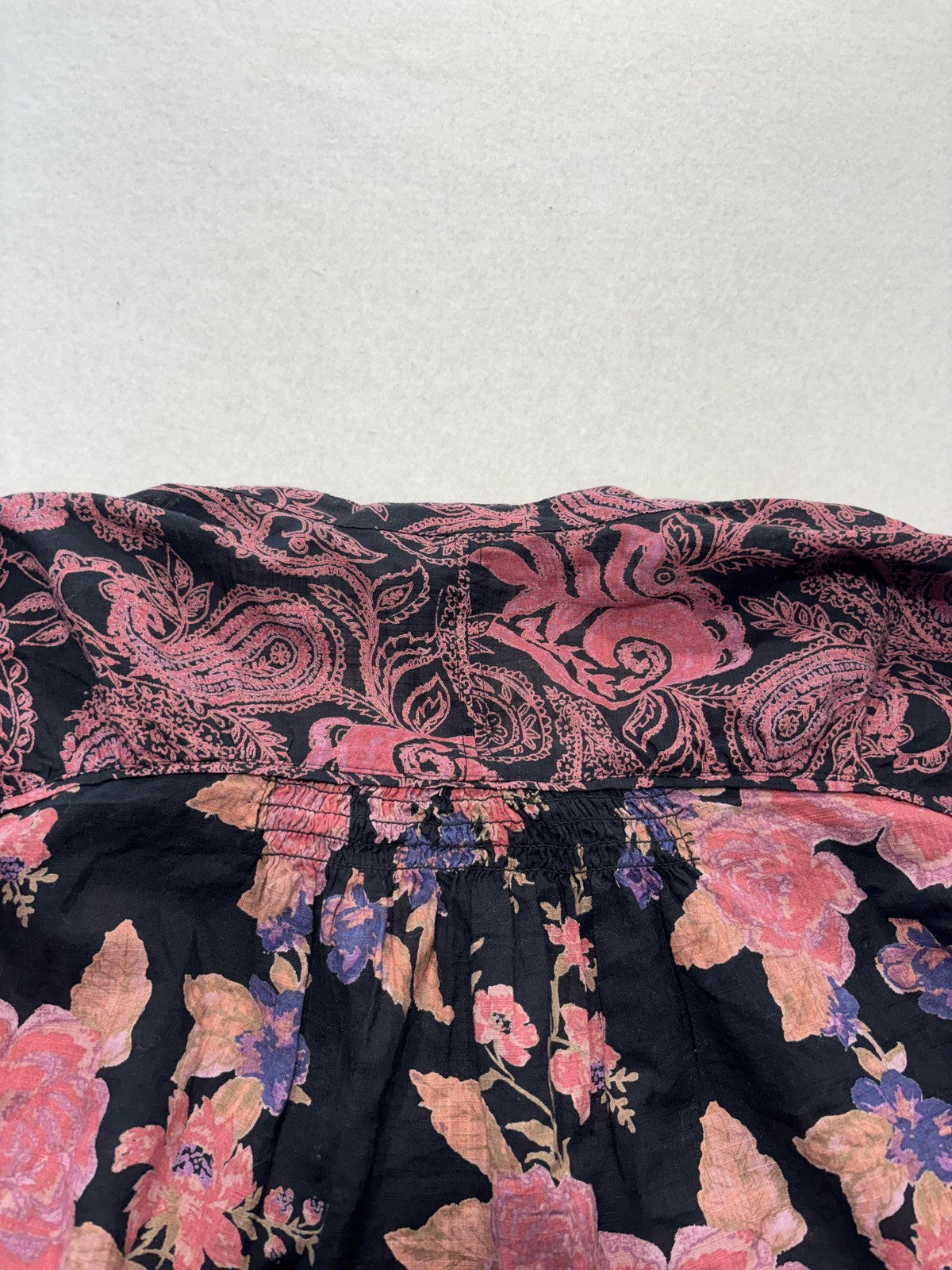 Free People Blouse Womens Medium Black Floral Round Neck Button Long Sleeve Top