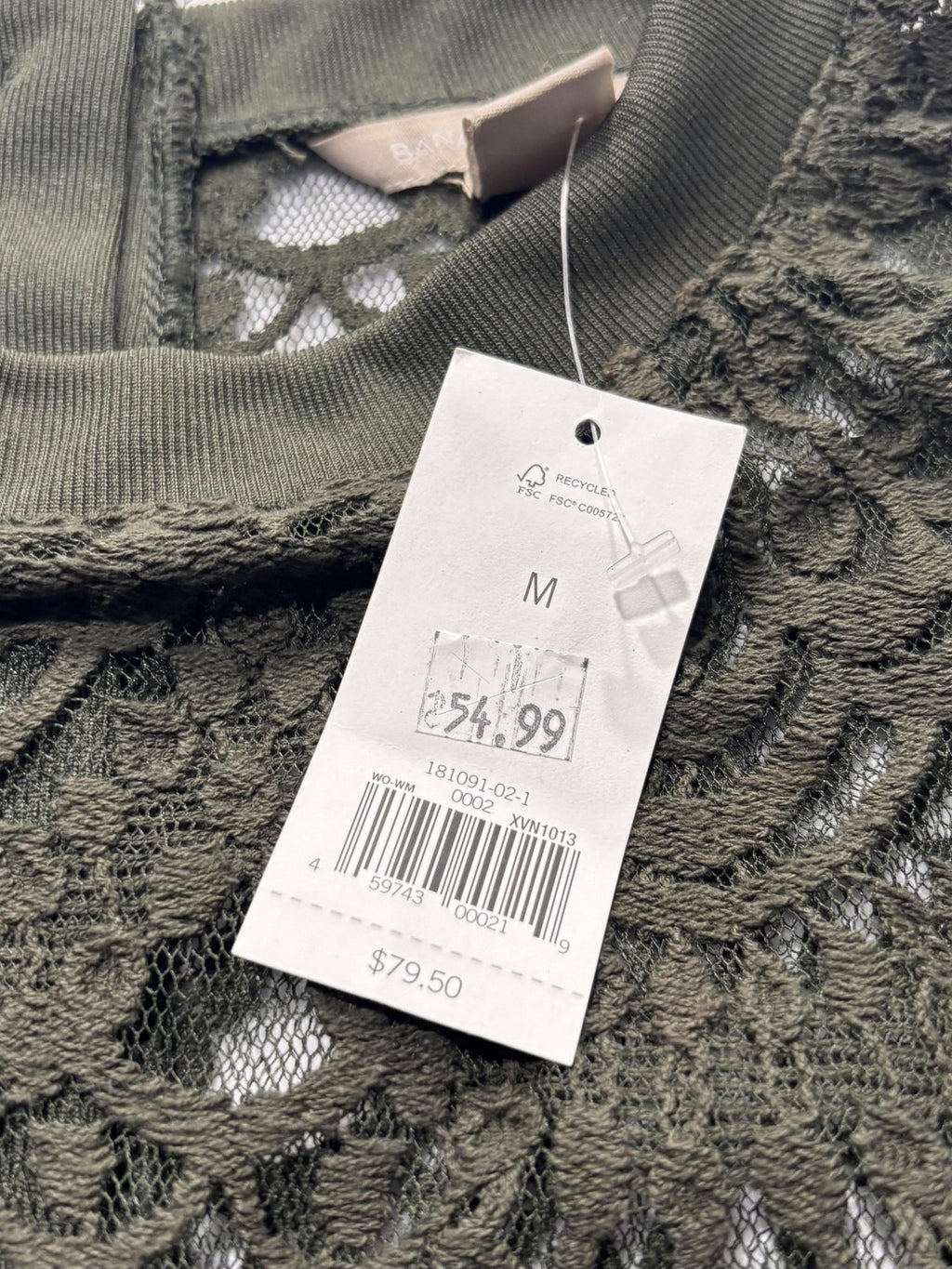 Banana Republic Blouse Womens Medium Green Lace Crew Neck Long Sleeve Sheer Top