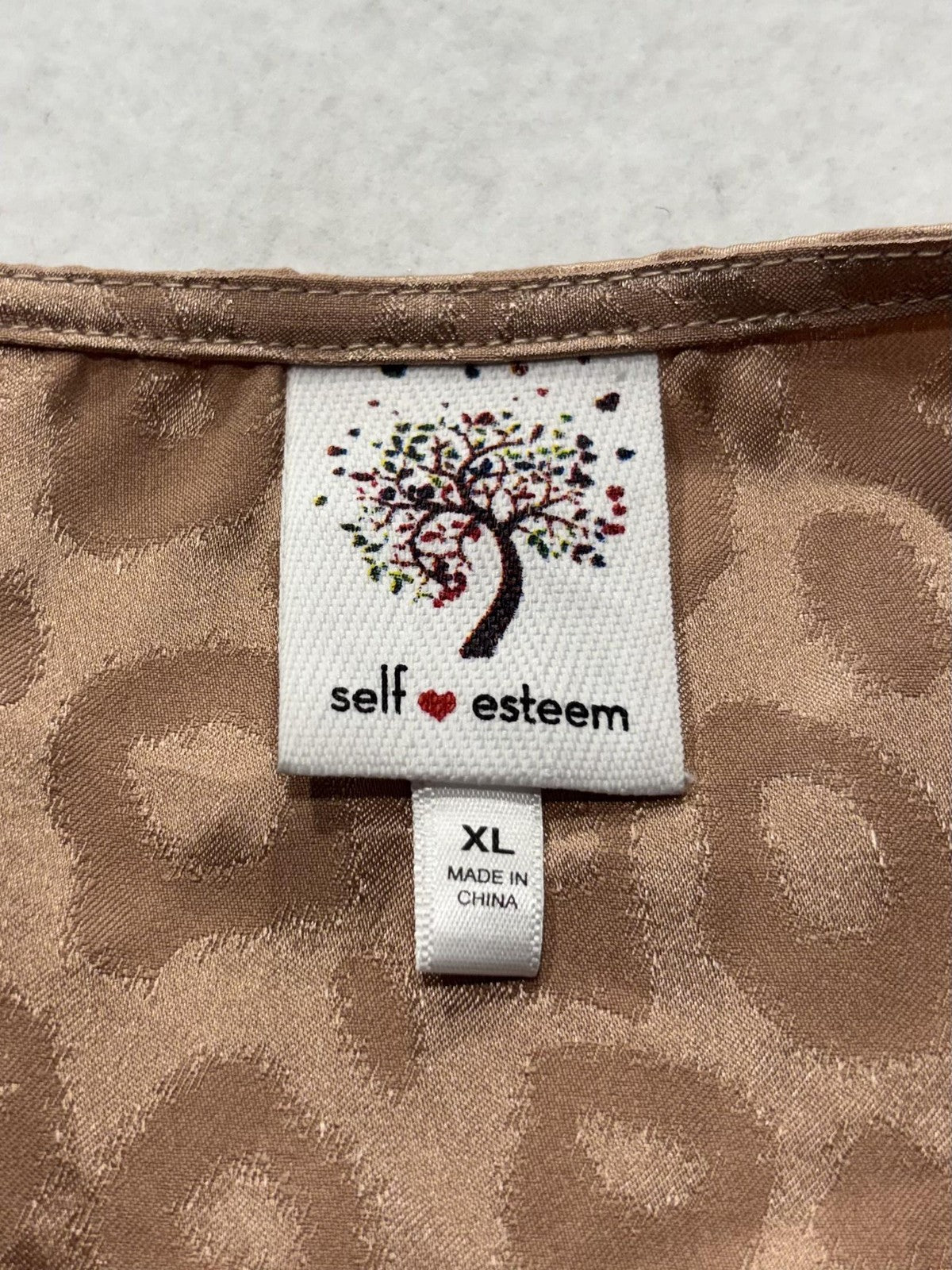 Self Esteem Blouse Juniors XL Brown Leopard V Neck Long Sleeve Peplum Satin Wrap