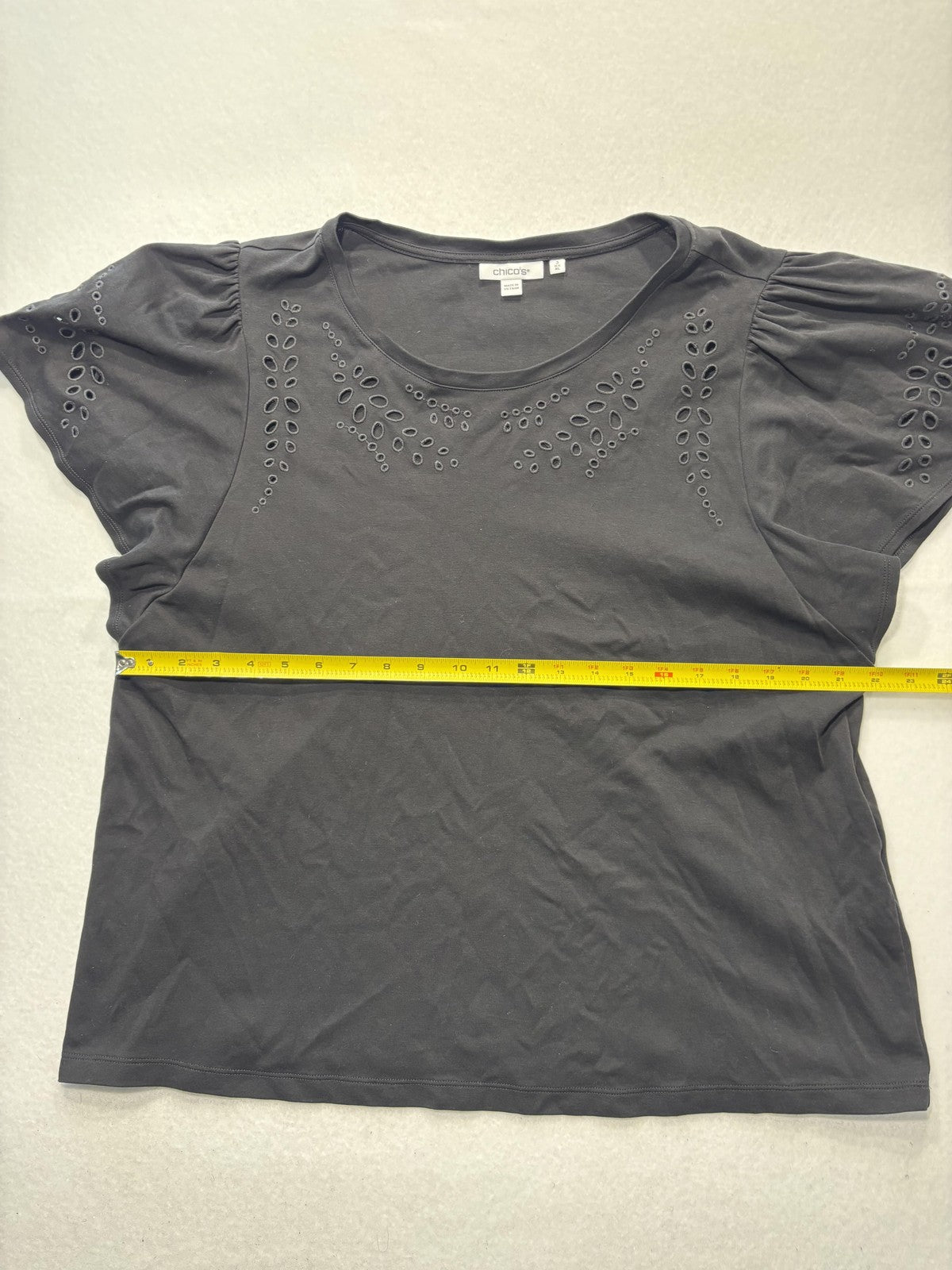 Chico's Shirt Womens XL Black Crew Neck Flutter Sleeve Eyelet Cotton Top