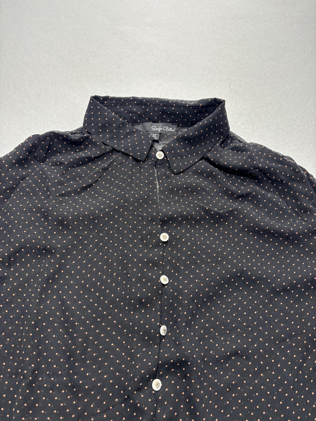 Sonja Betro Blouse Womens 2X Plus Black Polka Dot Ruffle Sleeve Sheer Chiffon