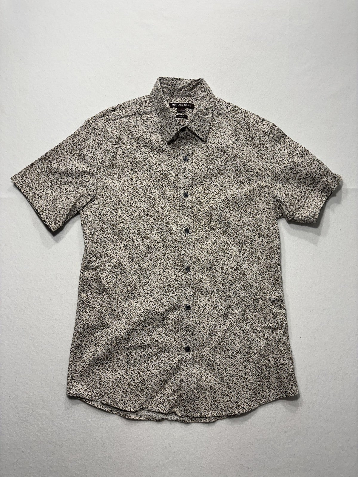 Michael Kors Shirt Mens Medium Beige Floral Short Sleeve Button Up Slim Fit