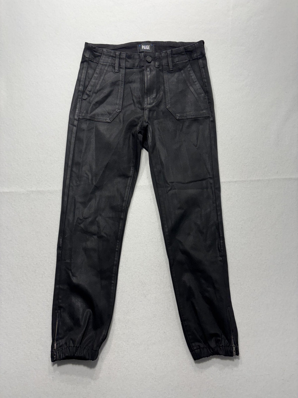 Paige Pants Womens 27 Black Mayslie Coated Denim Jogger Ankle Zip Cuffed Stretch