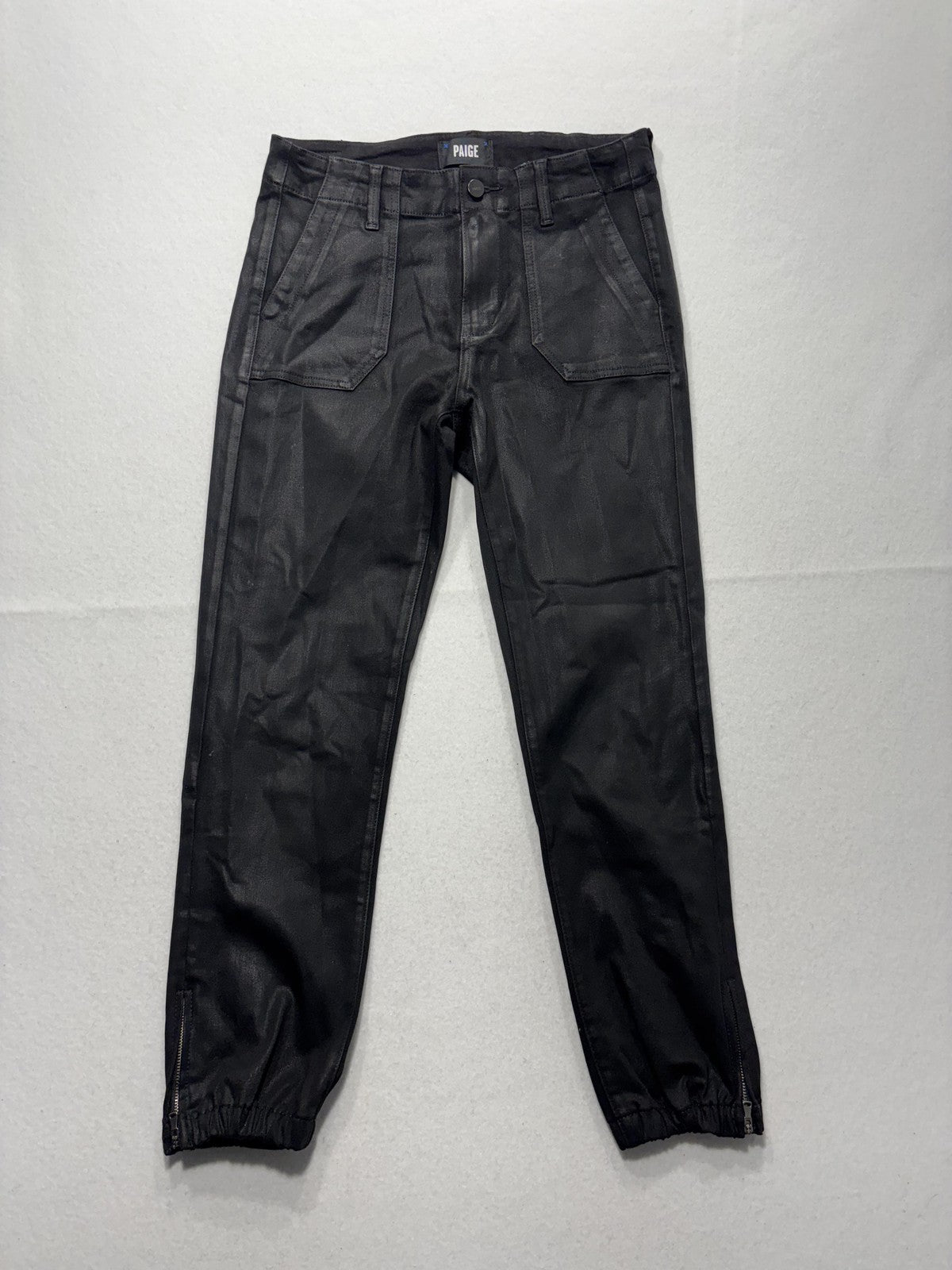 Paige Pants Womens 27 Black Mayslie Coated Denim Jogger Ankle Zip Cuffed Stretch