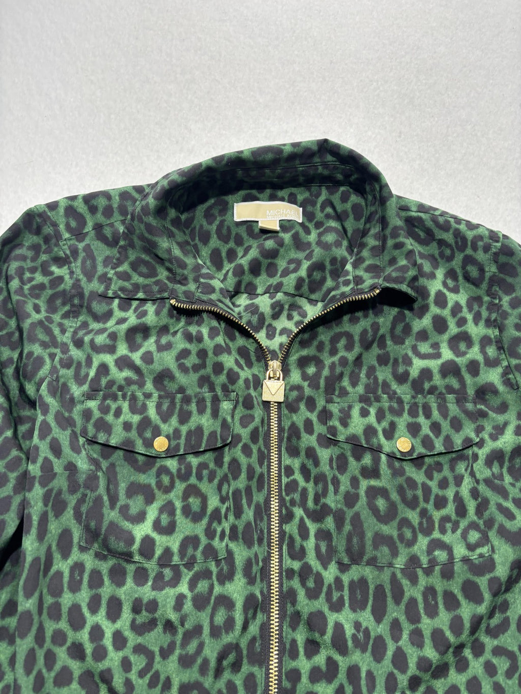 MICHAEL Michael Kors Blouse Womens Large Green Animal Print Zip Front Satin