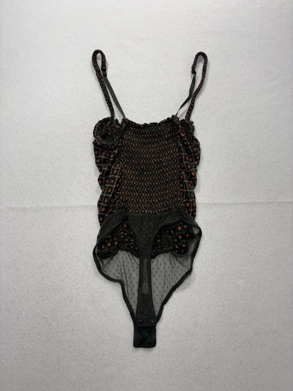 Free People Bodysuit Womens Small Black Smocked Ruched Sheer Mesh Thong