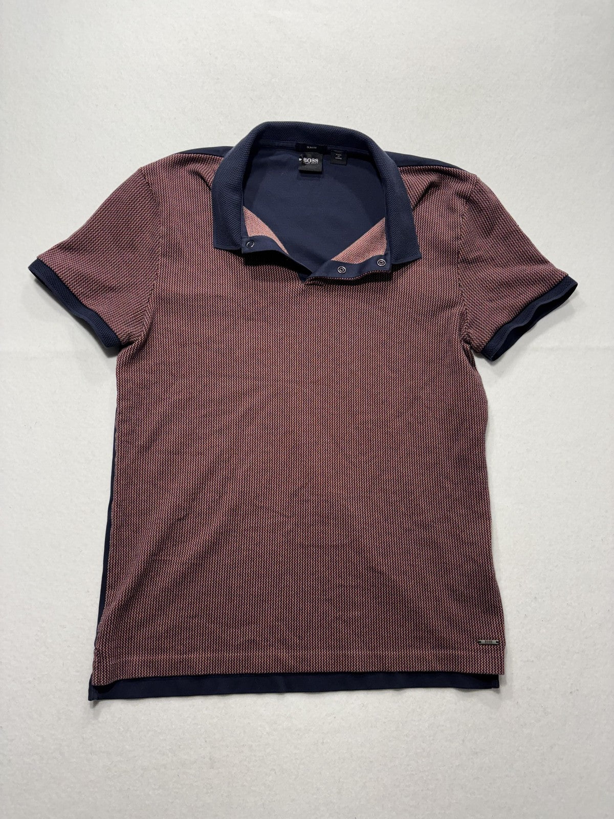 Hugo Boss Polo Shirt Mens Medium Blue Slim Fit Geometric Knit Short Sleeve
