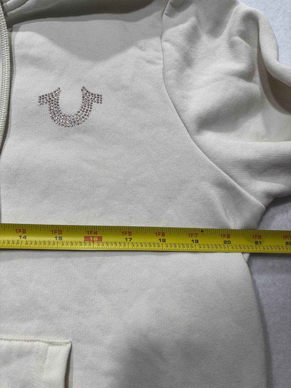 True Religion Hoodie Womens XL White Rhinestone Logo Full Zip Graphic Buddha